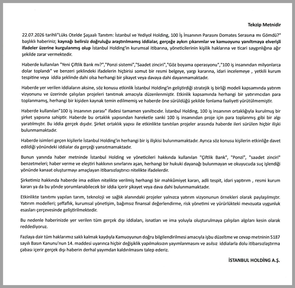 İstanbul Holding - Düzeltme & Tekzip Yazısı