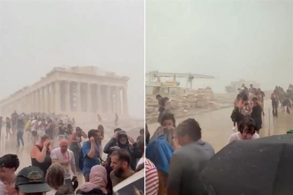 Atina'daki Parthenon Tapınağı'nda etkili olan fırtına ve sağanak yağmur paniğe yol açtı