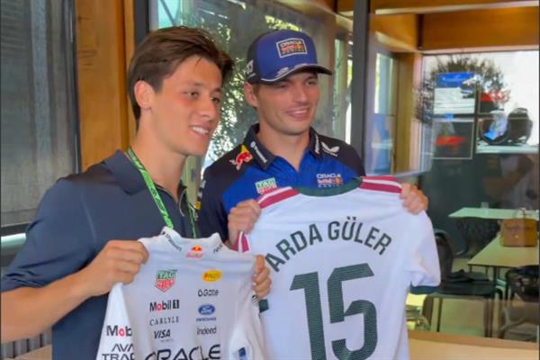 Arda Güler Formula 1 yarışını izlemeye sevgilisi Duru Nayman'la gitti, şampiyon Max Versteppen'le buluştu